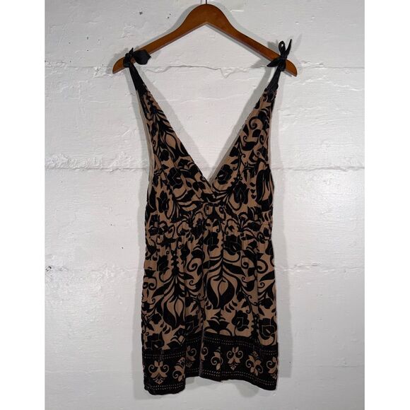 Hale Bob Burnout Velvet Boho Top Tie Shoulder Black Tan Floral Elastic Waist M - Picture 2 of 11